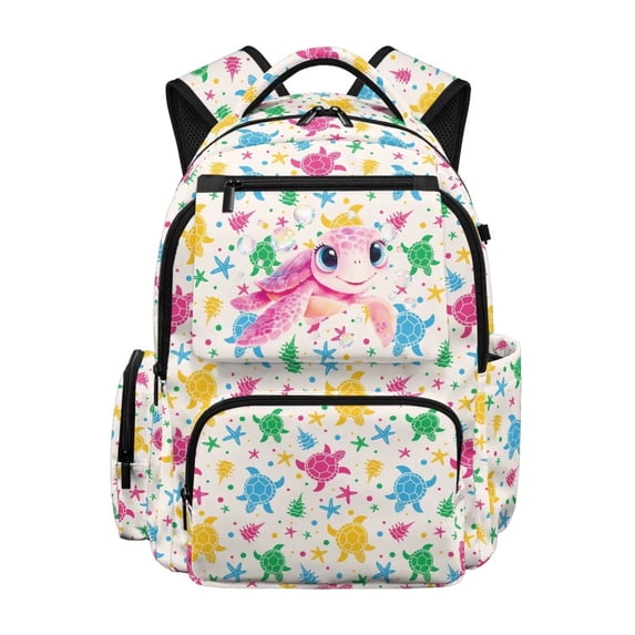 Pzuqiu Cute Pink Turtle Print 17 Inch Kids Backpack Breathable Padded Shoulder Straps Ultra-Soft Schoolbag with Multi Pockets Lightweight for Girls Daily Use School Travel Camping