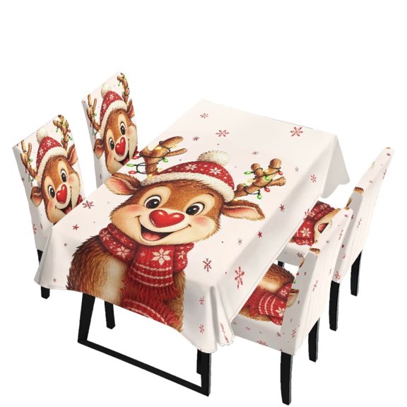 Pzuqiu Cute Reindeer Tablecloth and Chair Cover Set, Stain-Resistant 5 Pcs Water-Repellent Christmas Themed Table Cover Set for Holiday Dinner Party Kitchen Dining Decor