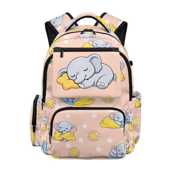 Pzuqiu Cute Sleeping Elephant Print 17 Inch Kids Backpack Large Capacity School Bag with Side Pockets Breathable Padded Backpack for Girls Ages 6-12 Lightweight Travel Daypack