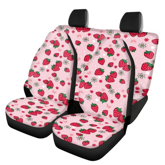 Pzuqiu Cute Strawberry Automobile Seat Cover Sets 4 Pcs, Front Seat Protector Carseat Rear Split Bench Cover Universal for Car Truck SUV Easy to Install