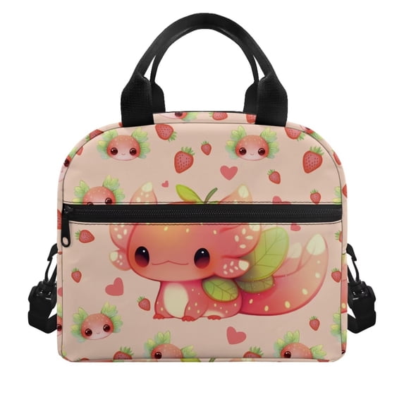 Pzuqiu Cute Strawberry Axolotl Lunch Bag, Thermal Insulated Adjustable Strap Lunch Tote, Large Capacity Reusable Durable Lunch Box for Kids School Picnic Travel
