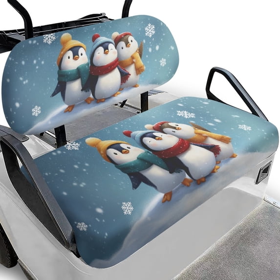 Pzuqiu Cute Winter Penguins 2-Piece Golf Cart Seat Covers Set - Breathable Washable Universal Protective Cover for Golf Lovers