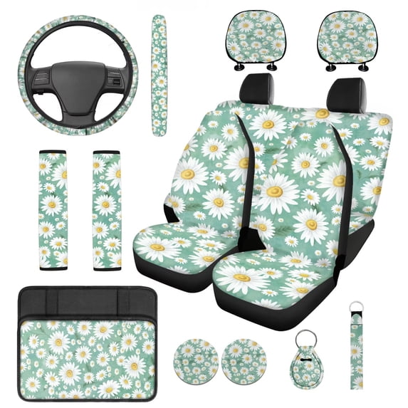 Pzuqiu Daisy Automobile Interior Sets Car Front Rear Seat Cover Steering Wheel Seat Belt Headrest Center Console Cushion Pad Keychain Coaster 14 Pcs Full Set Covers All Weather Use