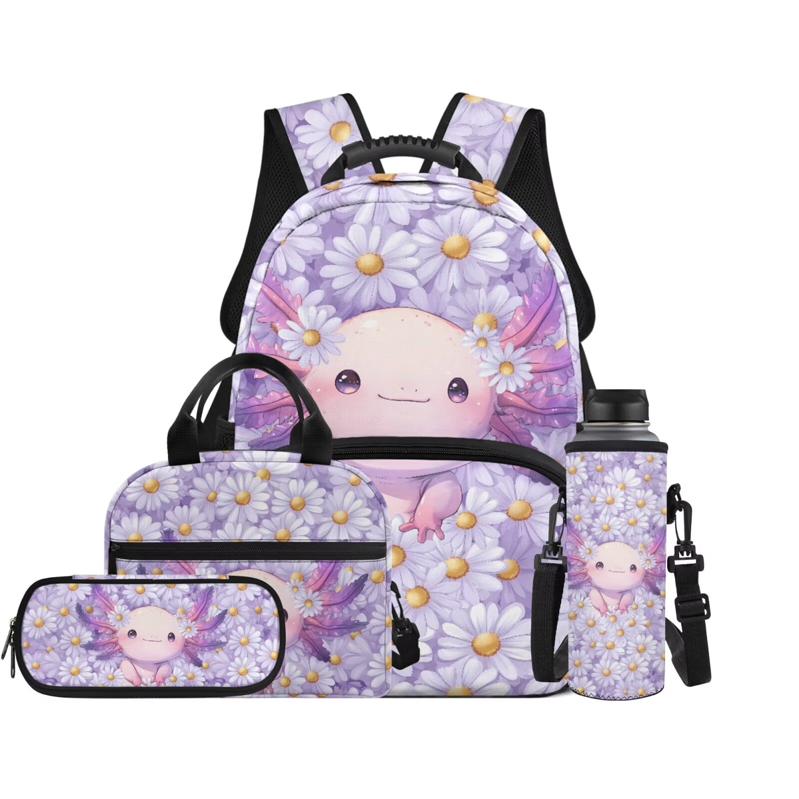 Pzuqiu Daisy Axolotl Girls Backpacks School Backpack with Lunch Bag Pencil Case Water Bottle Holder for 10-12 Kids 17 Inch Bookbag 4 Pcs School Bag Set Lightweight Laptop Backpack