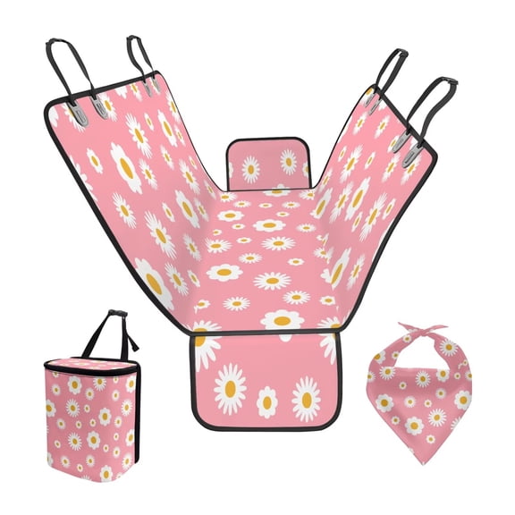Pzuqiu Daisy Dog Car Seat Cover with Hard Bottom Dog Hammock with Adjustable Triangle Puppy Bandana Hanging Trash Can for SUV,Sedan,Truck,Van 3 Piece, Pink