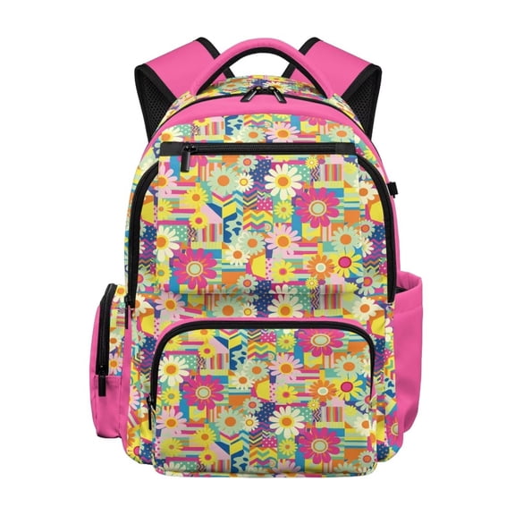 Pzuqiu Daisy Patchwork Kid's Backpack 17 Inch Large Capacity Book Bags Portable Laptop School Bag with Side Pockets Breathable Lightweight Travel Ruckpack for Teen Girls Age 6-18