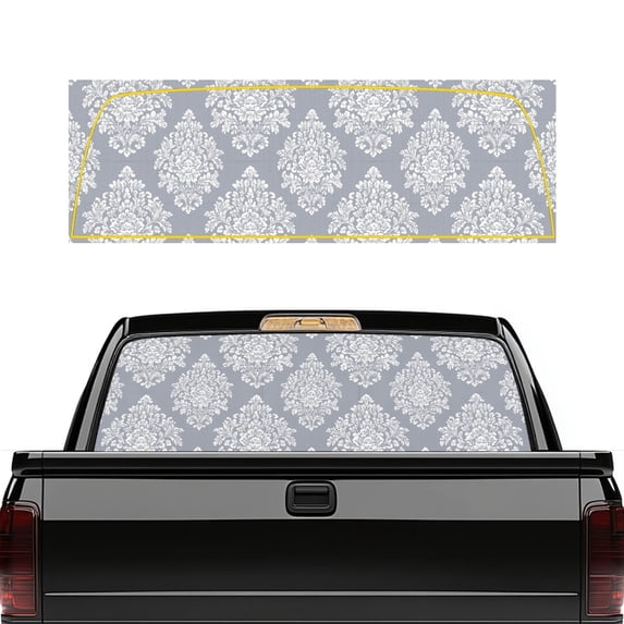 Pzuqiu Damask Floral Pattern Perforated Rear Window Decal 66.9 x 22.4 Inches, Sun Blocking Vinyl Wrap for Most Pickup Trucks and Car Lovers