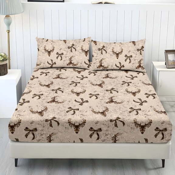 Pzuqiu Deer Bow 3 Piece Bed Sheet Set with 2 Pillowcases,Soft Comfort,Elastic Deep Pocket Design,Twin Size Bedding Fitted Sheet, Great for Rental, Apartment with 2 Pillowcases