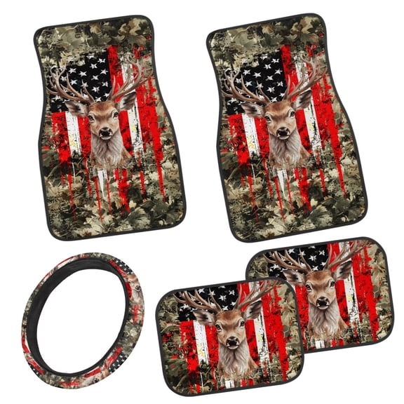 Pzuqiu Deer Camo US Flag All Weather Car Mats Car Steering Wheel Cover Full Set Car Accessories Interior Floor Covers for SUVs & Trucks Easy to Install, Passenger Seat and Rear Floor Mats