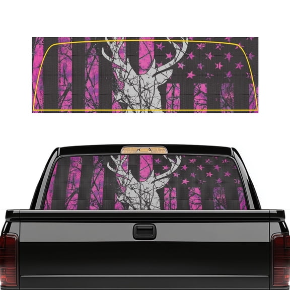 Pzuqiu Deer Flag Camo Print Perforated Vinyl Truck Rear Window Decal, 66.9" x 22.4" Fade Resistant See through Sticker for Pickups, Cars, Automotive Windows