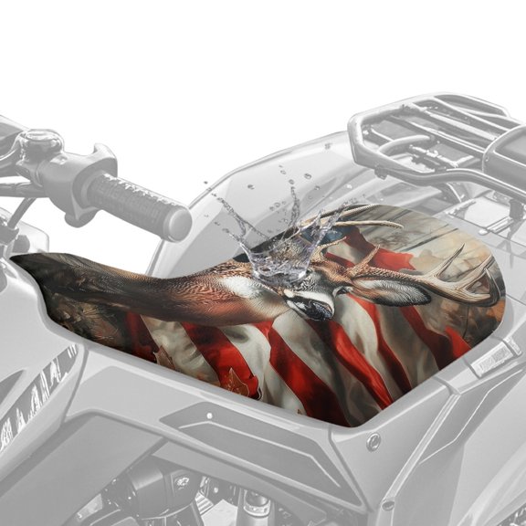 Pzuqiu Deer US Flag ATV Seat Cover, Waterproof Polyester Fabric ATV Seat Protector for Polaris Honda CFMOTO, Anti-Slip ATV Seat Cushion Cover