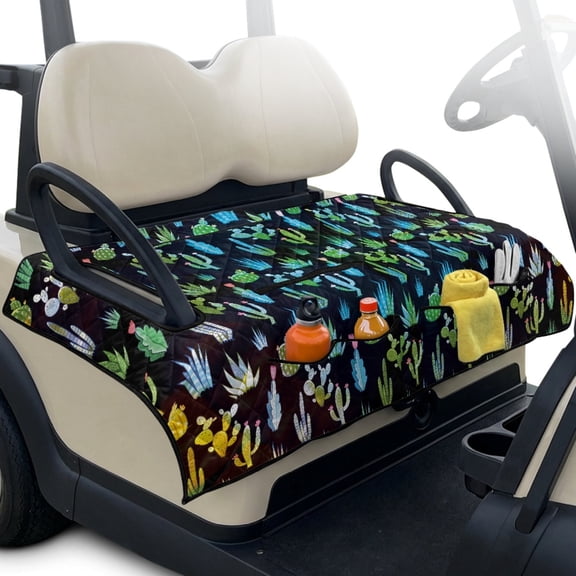 Pzuqiu Desert Cactus Quilted Golf Cart Seat Cover - 2-Person Universal Fit with 4 Pockets - Non Slip Protective Accessory for Golfers