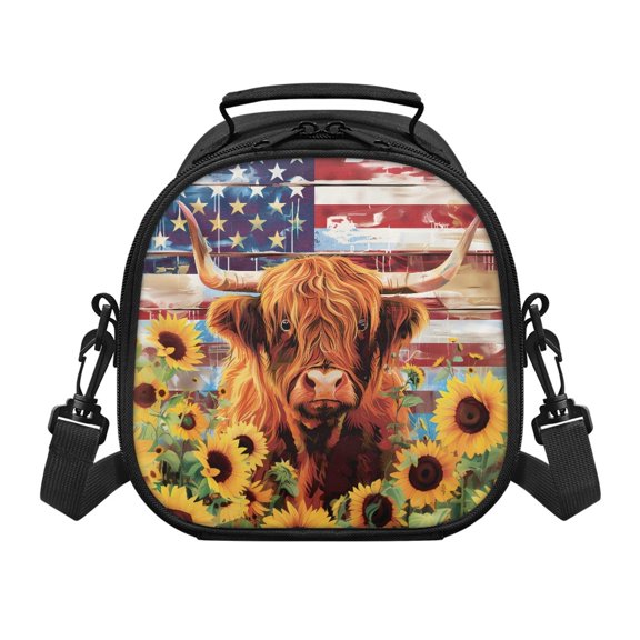 Pzuqiu Detachable Crossbody Strap Kids Insulated Lunch Bag for Travel School, Polyester Reusable Kids Lunch Bag, Sunflowers alpine cow pattern