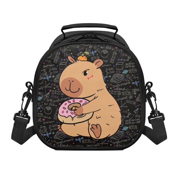 Pzuqiu Detachable Strap Children’s Insulated Lunch Bag for Outdoor School, Polyester Fabric Children Lunch Pouch, Cartoon Capybara & Macaron Pattern