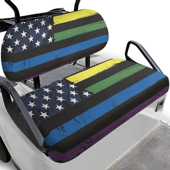 Pzuqiu Distressed Rainbow American Flag Golf Cart Seat Cover Set - 2-Piece Stretchable Washable Protector | Fits Most 2-Seater Club Car, EZGO & Yamaha