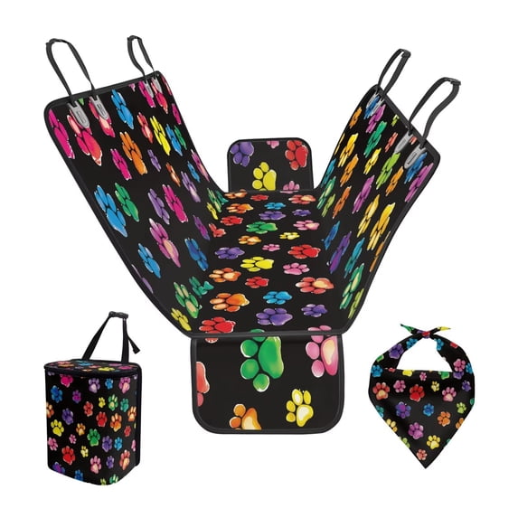 Pzuqiu Dog Paws Printed Dog Car Seat Cover for Back Seat Pet Heavy Duty Hammock with Pet Bandana Cat Dogs Kerchief Triangle Bib & Hanging Car Garbage Bag 3-Piece