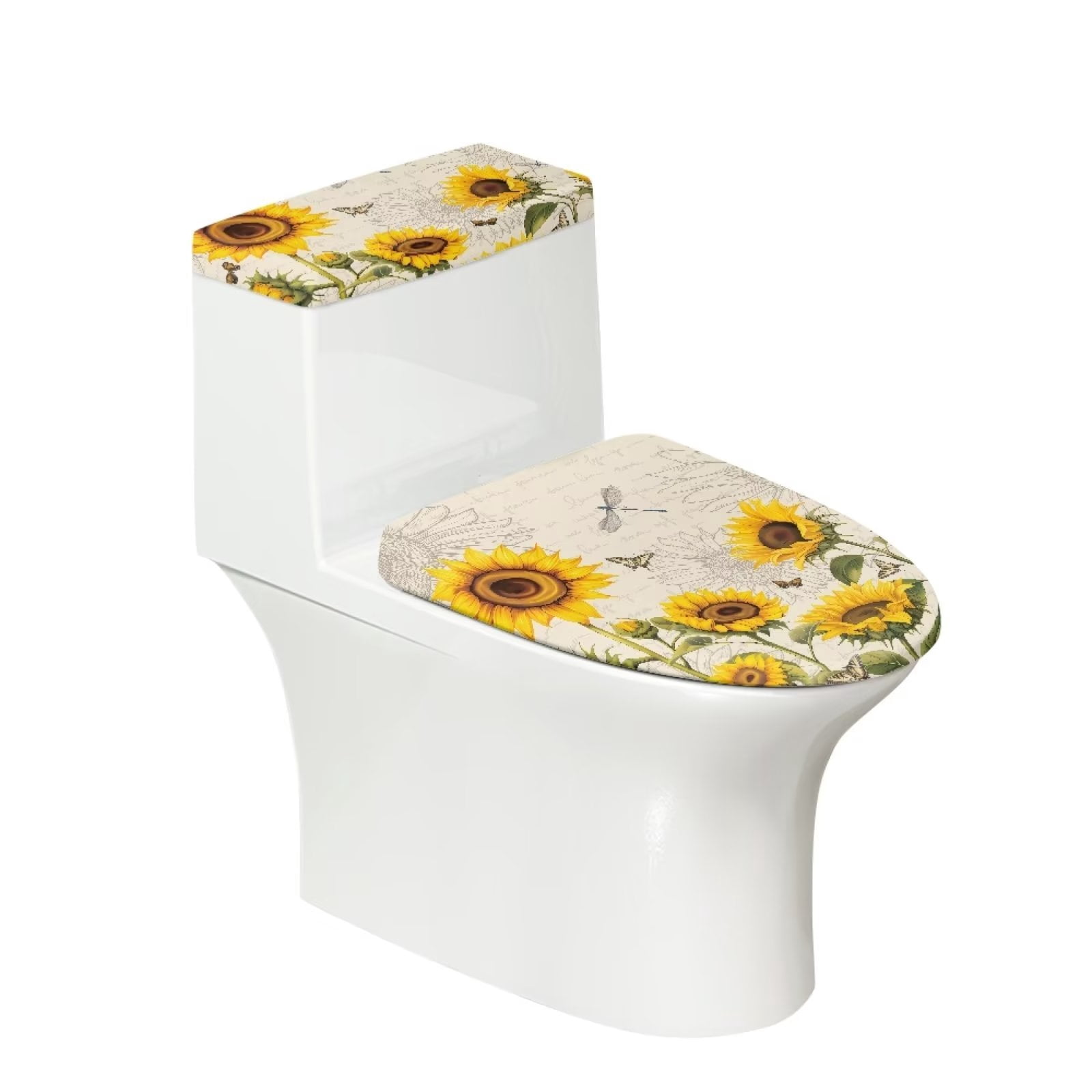 Pzuqiu Dragonfly Toilet Tank Lid Covers Set Sunflowers Toilet Lid Cover