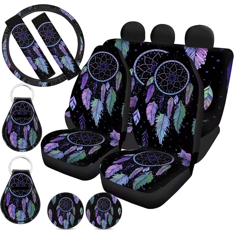 Pzuqiu Purple Butterfly Car Accessories Car Seat Covers Full Set for Women  with Steering Wheel Covers,Universal Fit Front and Rear Bench  Protection,Seat Belt Pads+Cars Coaster Holder+Keychains 