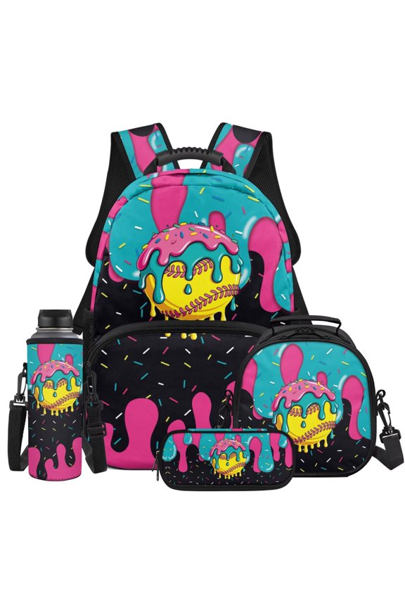 Drippy Baseball School Backpack- 17 Inch, 4 Piece Set with Lunch Bag Pencil Pouch Water Bottle Pocket,Adjustable Strap Breathable Lightweight Daypack for Kids Students