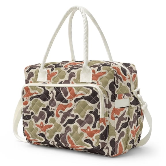 Pzuqiu Duck Camo Quilted Insulated Lunch Bag for Women Large Capacity Durable Reusable Lunch Tote with Front Zipper Pouch for Daily Office Work Meal Carrying
