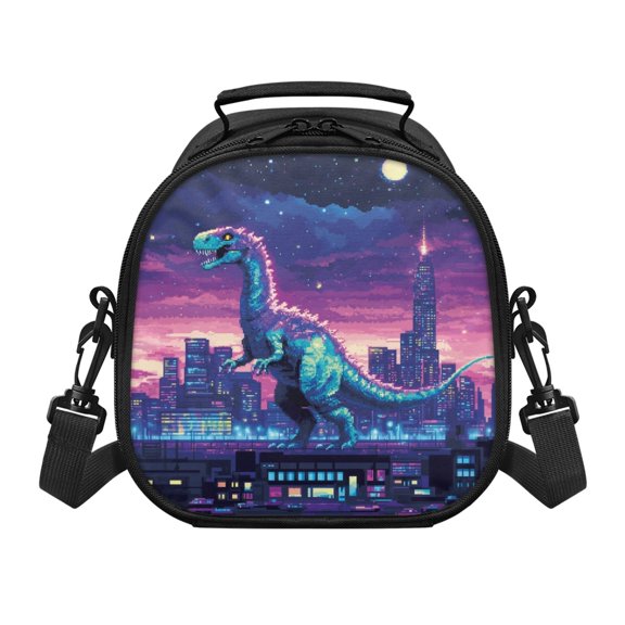 Pzuqiu Durable Kids Lunch Bag for Travel School, Premium Fabric Removable Strap Kids Insulated Lunch Bag, Pixel Dinosaur Cityscape