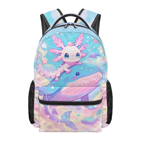 Pzuqiu Durable School Backpack for Daily School Museum Visits, Water Resistant Student Backpack Polyester Waterproof School Bag, Pastel Axolotl Whale Print