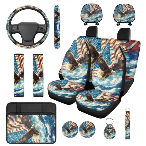 Pzuqiu Eagle American Flag 14 Pcs Interior Set Front Rear Seat Covers for Cars Steering Wheel Seat Belt Headrest Coasters Center Console Cushion Pad Keychain Decorative Fit Most Vehicles