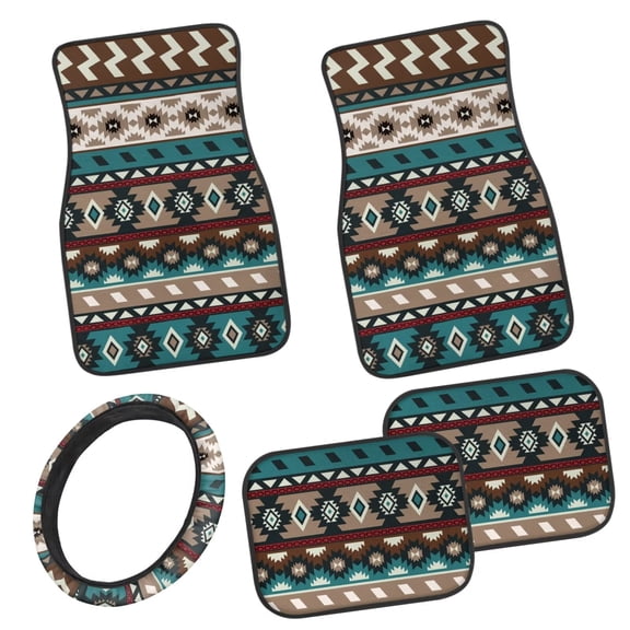 Pzuqiu Ethnic Tribes Car Floor Mats with Car Steering Wheel Cover for Women All Weather Anti Slip Driver Seat, Passenger Seat and Rear Floor Mats Easy Installation for Additional Protection