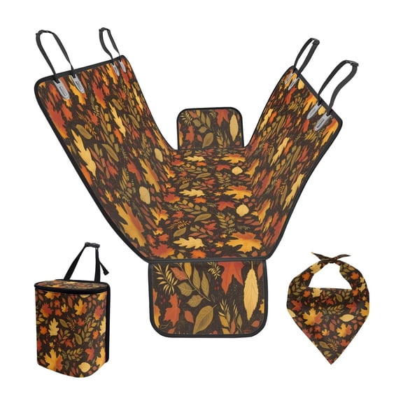 Pzuqiu Fall Leaves Dog Car Seat Cover for Back Seat Scratchproof and Nonslip Hard Bottom Dog Hammock with Classic Triangle Scarf Bib & Hanging Car Trash Can 3-Piece