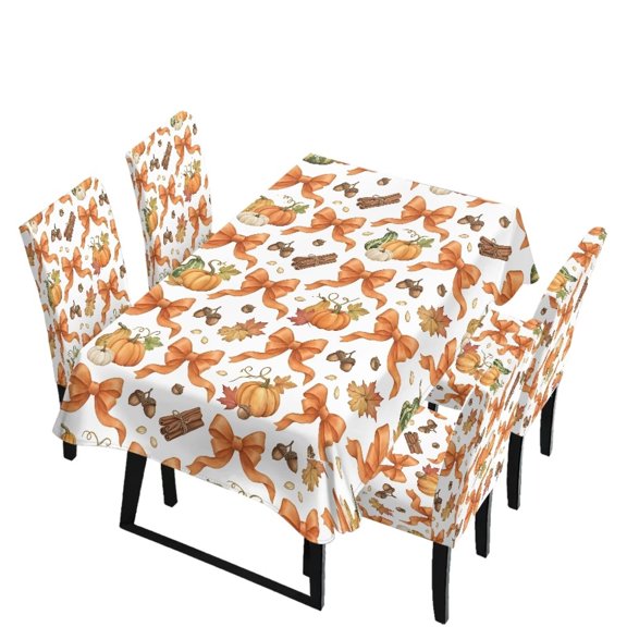 Pzuqiu Fall Pumpkin Bow Tablecloth and Chair Cover Set 5 Piece, Spill Proof Dustproof Table Cover Set for Thanksgiving Holiday Dining Kitchen Party Decor, Washable