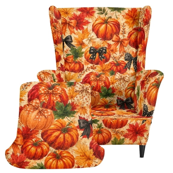 Pzuqiu Fall Pumpkin Wingback Chair Covers,2 Pcs Chair Cover Waterproof Wing Chair Cover,Soft Fabric,Non Slip Bottom,Breathable,for Thanksgiving Living Room Decor,Fits Most Standard Wing Chairs
