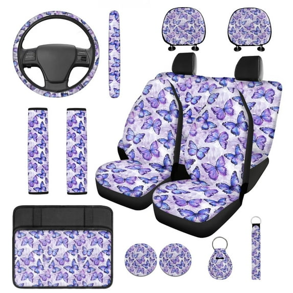 Pzuqiu Fashion Butterfly 14Pcs Automobile Interior Sets Front Rear Seat Covers for Cars Steering Wheel Seat Strap Pads Armrest Pad Headrest Covers Coasters Keychain Fit Most SUV Van Sedan Truck