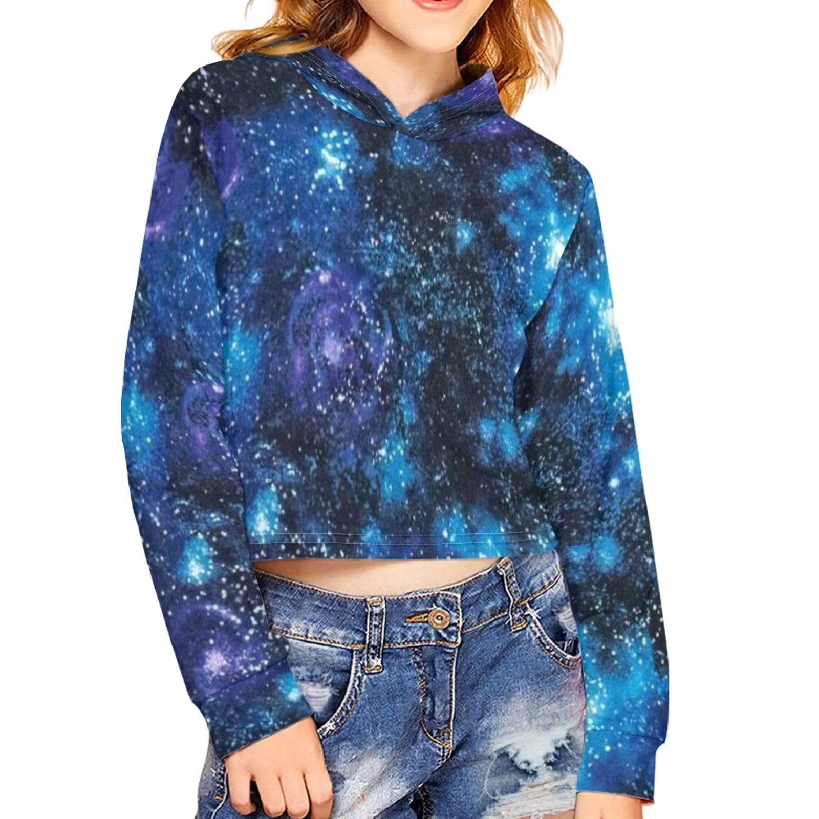 Pzuqiu Fashion Crop Top Hoodies for Girls 1314 Galaxy Graphic Pullover
