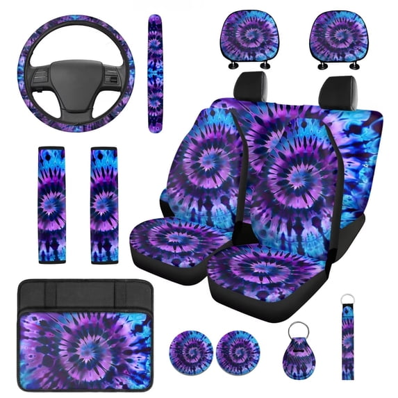 Pzuqiu Fashion Tie-dye Automobile Interior Sets Car Front Rear Seat Cover Steering Wheel Seat Belt Headrest Center Console Cushion Pad Keychain Coaster 14 Pcs Full Set Covers Fit Most Vehicles