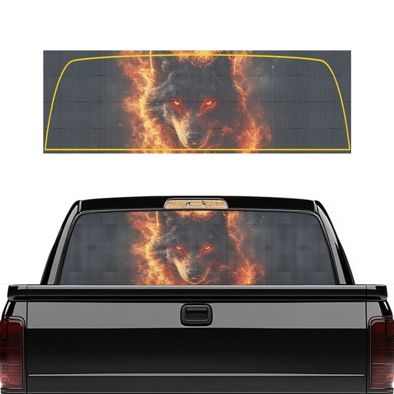 Pzuqiu Fiery Wolf Pattern Perforated Vinyl Rear Window Decal 66.9 x 22.4 Inch, See through Sticker for Most Pickup Trucks, Car Owners and Decoration