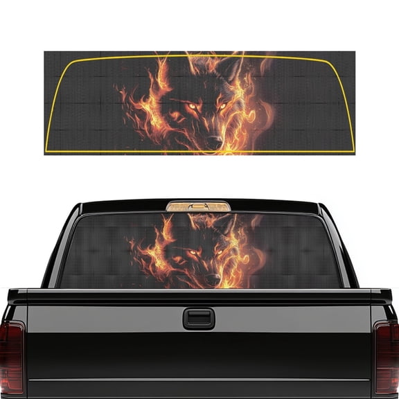 Pzuqiu Fiery Wolf Print Truck Rear Window Decal 66.9" x 22.4", Vinyl Automotive Decal for Most Pickup Truck Models, Car Enthusiasts, Full Window Coverage