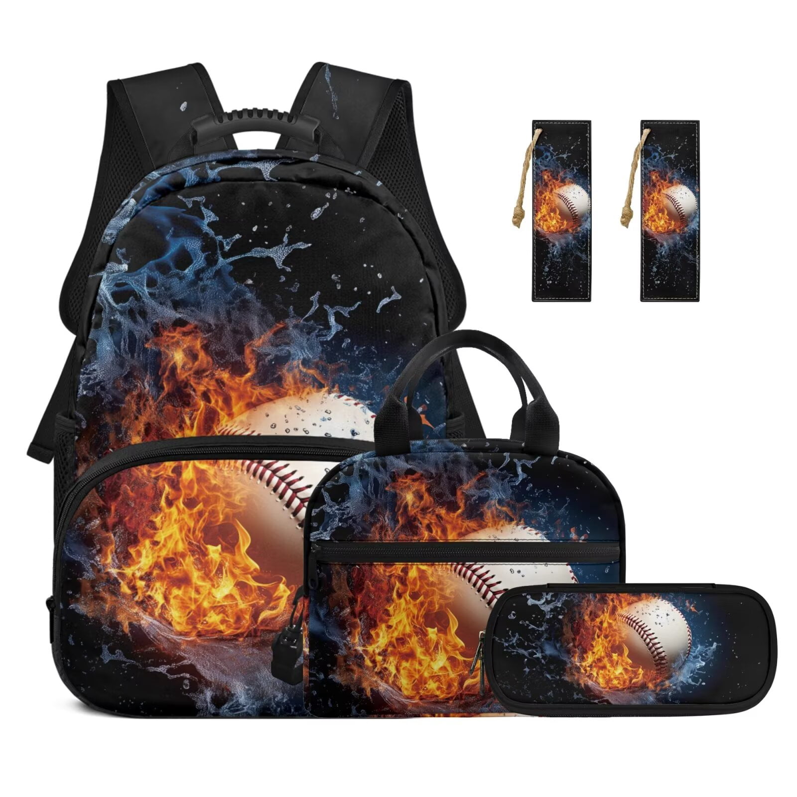 Pzuqiu Fire Baseball Backpack for Girls 8-12 Boys Backpacks with Lunch Box Kids Bookpack Double Shoulder Bag, 4 Piece Backpack Pencil Case 17 Inch Rucksack Travel Bag for Teens