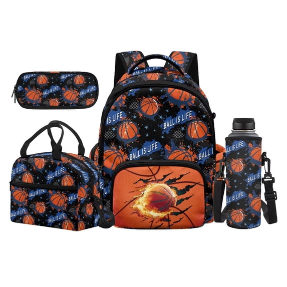 Pzuqiu Fire Basketball Kids Backpack for School Boys 8-12 School Backpacks Sets with Lunch Bag Pencil Case Water Bottle Holder 4 pcs Travel Bookpack with Shoulder Strap for Kids 8-12