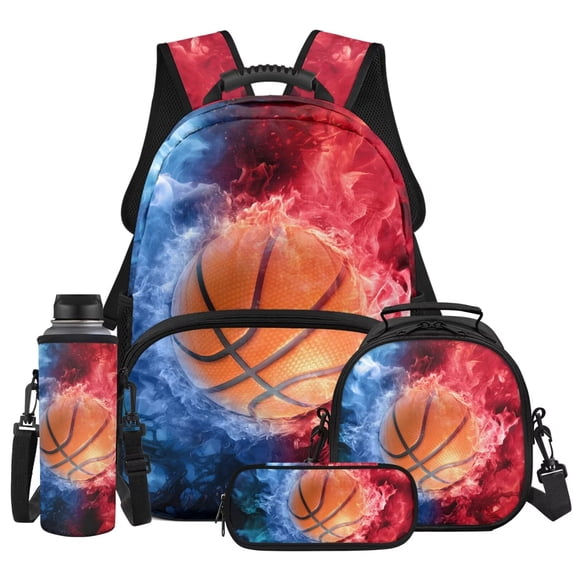 Pzuqiu Fire and Ice Basketball Kawaii Backpack School Backpack for Boys Kids 4 piece Backpacks with Lunch Box Pencil Bag Water Bottle Holder Bookbag for Boys 10-12 Middle School