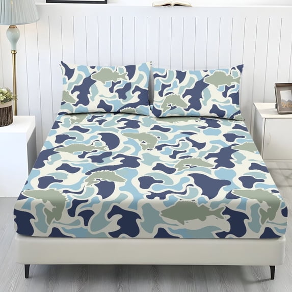 Pzuqiu Fish Camo Bed Sheet Set with 2 Pillowcases,3 Piece Fitted Sheet Set,Stretchable Corner Pockets, No More Slipping Off, Super Queen Size Fade-Resistant Dye, Perfect for Daily Use, Travel
