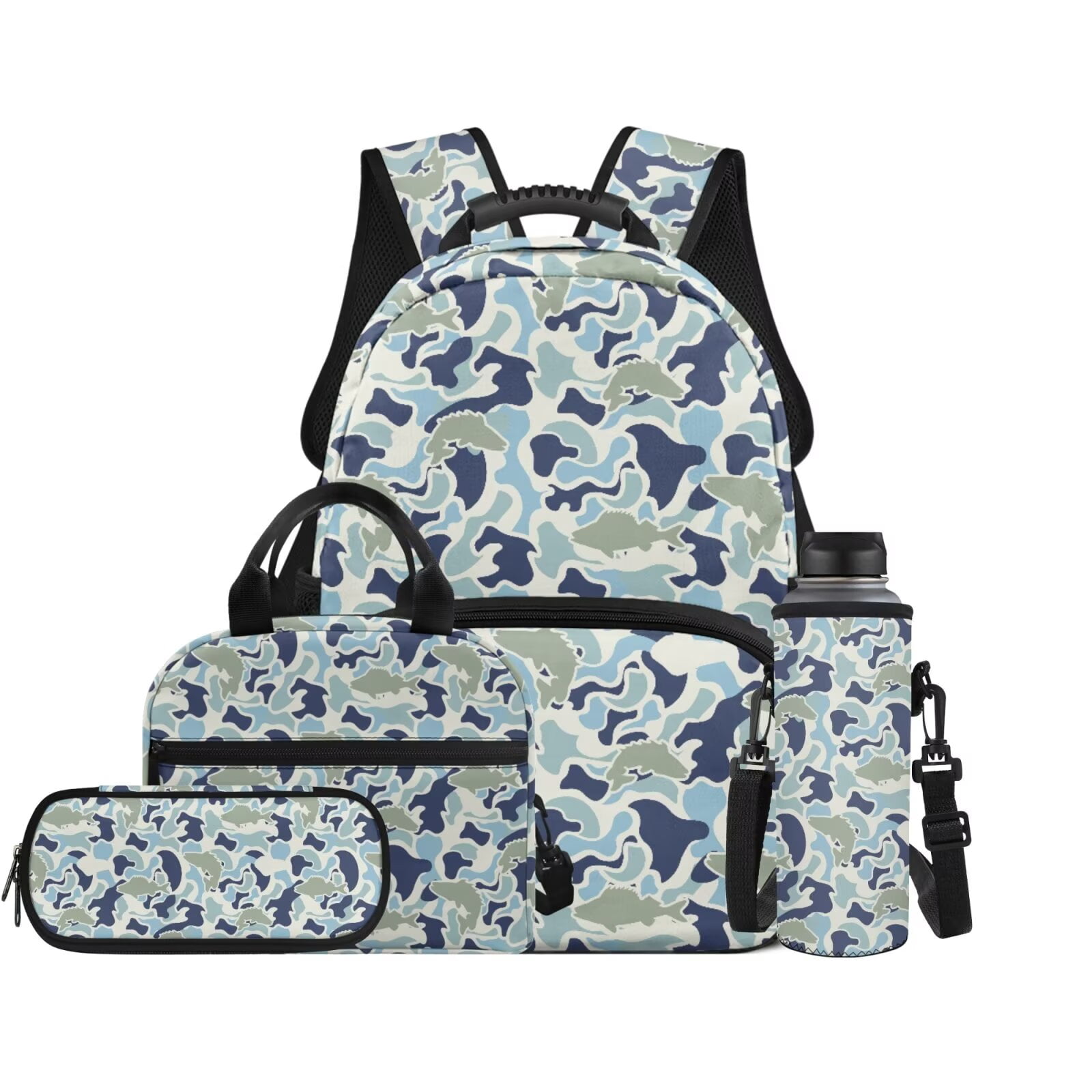 Pzuqiu Fish Camo Kids Backpack for School Girls 4 pcs Backpacks for Teens Backpack with Lunch Bag Pencil Case Water Bottle Holder Bookbags with Adjustable Shoulder Strap Daypack