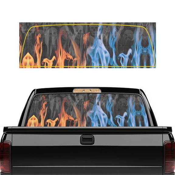 Pzuqiu Flame Skull Pattern Truck Rear Window Decal with Flame Skull Pattern, 66.9 x 22.4 Inches, Car Rear Windshield Sunshade for Most Pickup Trucks