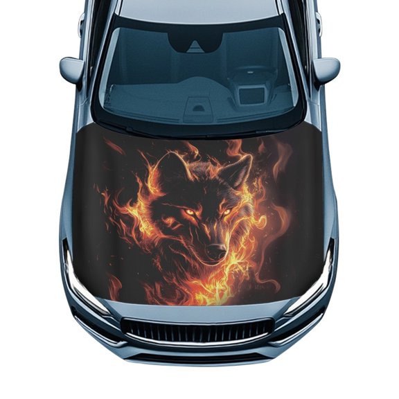 Pzuqiu Flame Wolf Head Car Hood Protector for Trucks Sedans Pickup, Washable Swimsuit Fabric Sunproof Car Hood Cover