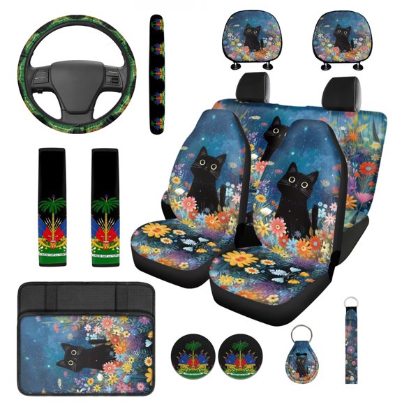 Pzuqiu Floral Black Cat Automobile Interior Sets Car Front Back Seat Cover Steering Wheel Seat Belt Headrest Center Console Armrest Pad Keychains Coasters 14 Pcs Full Set Covers Washable Durable