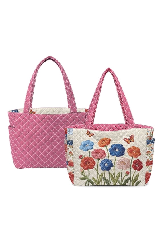 Floral Embroidered Quilted Tote Bag for Women, Large Capacity Lightweight Shoulder Handbag, Reversible Pink Puffer Tote for Work Travel Shopping College Everyday Use