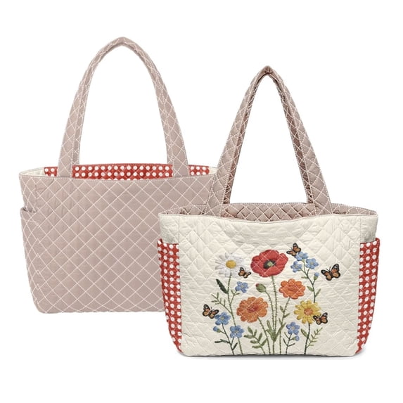 Pzuqiu Floral Embroidered Women's Large Capacity Quilted Tote Bag,Clear Puffer Shoulder Handbag, Versatile Lightweight Laptop Tote for Work Shopping Travel College Everyday Use