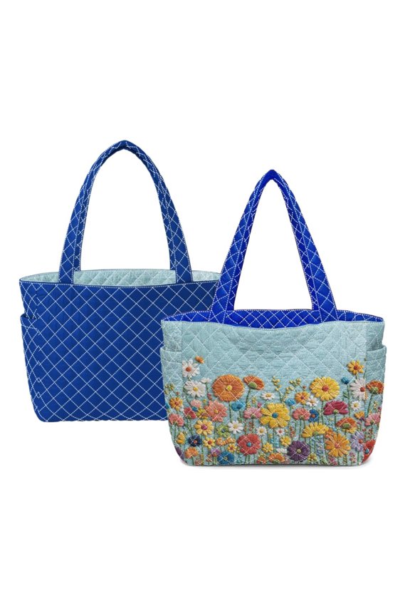 Floral Embroidered Women's Large Quilted Tote Bags Reversible Lightweight Blue Shoulder Handbags for Work, Shopping, Travel, College, Everyday Use