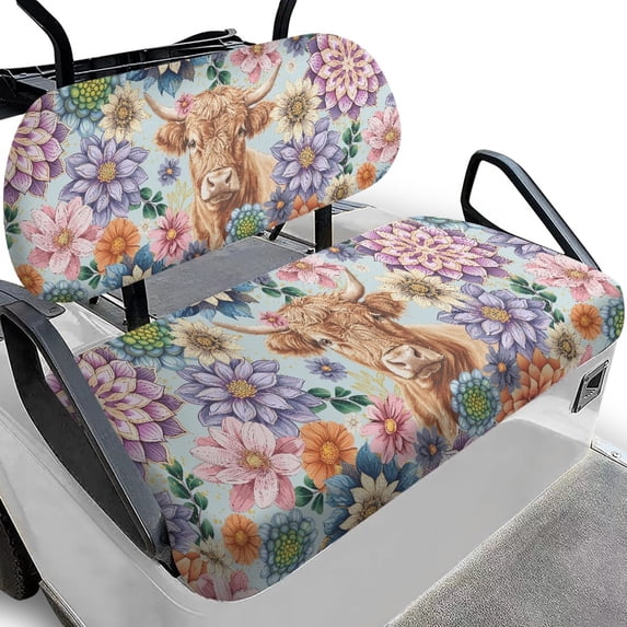 Pzuqiu Floral Highland Cow Golf Cart Seat Cover Set - Soft Stretchable Polyester, All-Weather Protection, Easy Install for EZGO, Club Car & Yamaha
