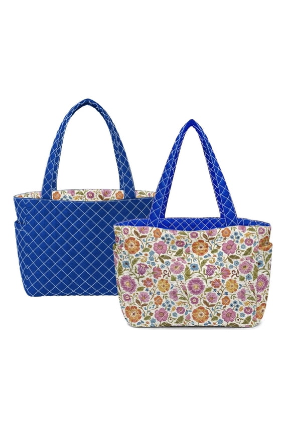 Floral Large Capacity Quilted Tote Bag for Women, Reversible Blue Puffer Hobo Shoulder Bag, Lightweight Laptop Tote for Work, Travel, Shopping, College, Everyday Use
