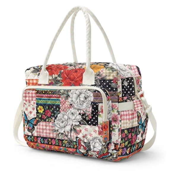 Pzuqiu Floral Patchwork Large Insulated Lunch Bag for Women Men Durable Quilted Lunch Tote with Front Zipper Pouch Adjustable Strap Sturdy Handle Stylish Lunches Bag for Work